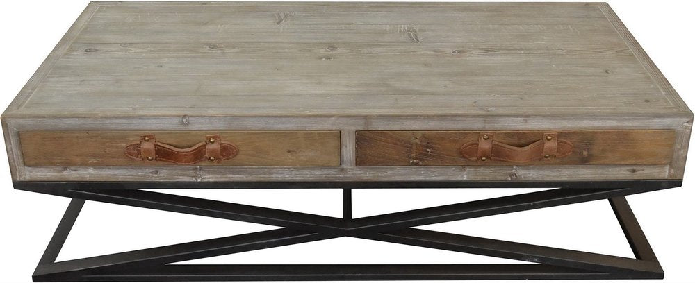 55" Brown and Black Solid Wood and Iron Distressed Frame Coffee Table With Two Drawers HomeRoots