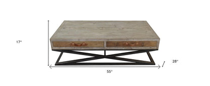 55" Brown and Black Solid Wood and Iron Distressed Frame Coffee Table With Two Drawers HomeRoots