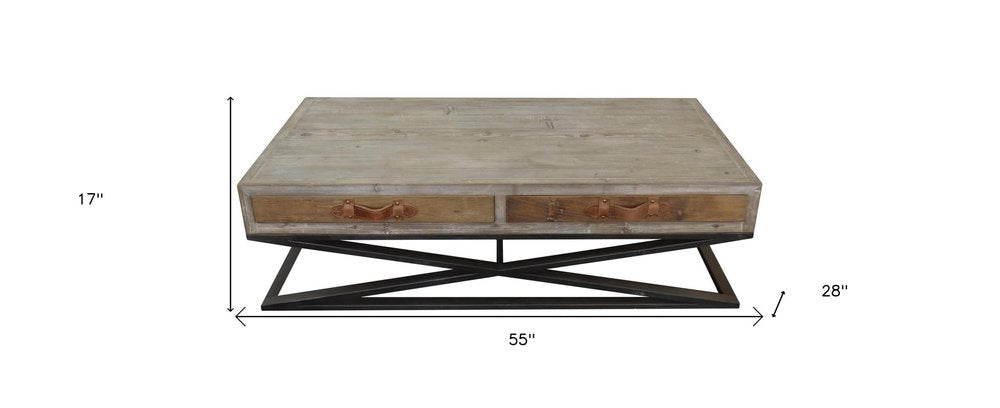 55" Brown and Black Solid Wood and Iron Distressed Frame Coffee Table With Two Drawers HomeRoots