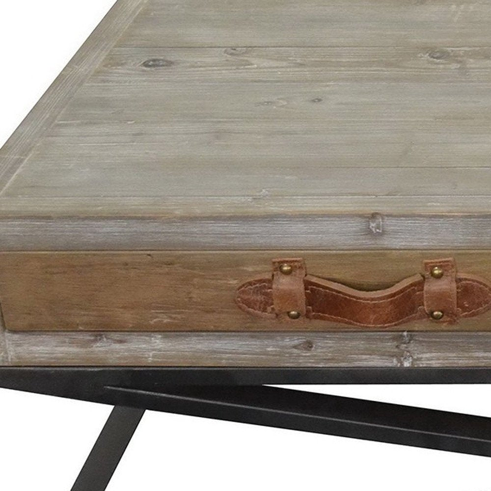 55" Brown and Black Solid Wood and Iron Distressed Frame Coffee Table With Two Drawers HomeRoots