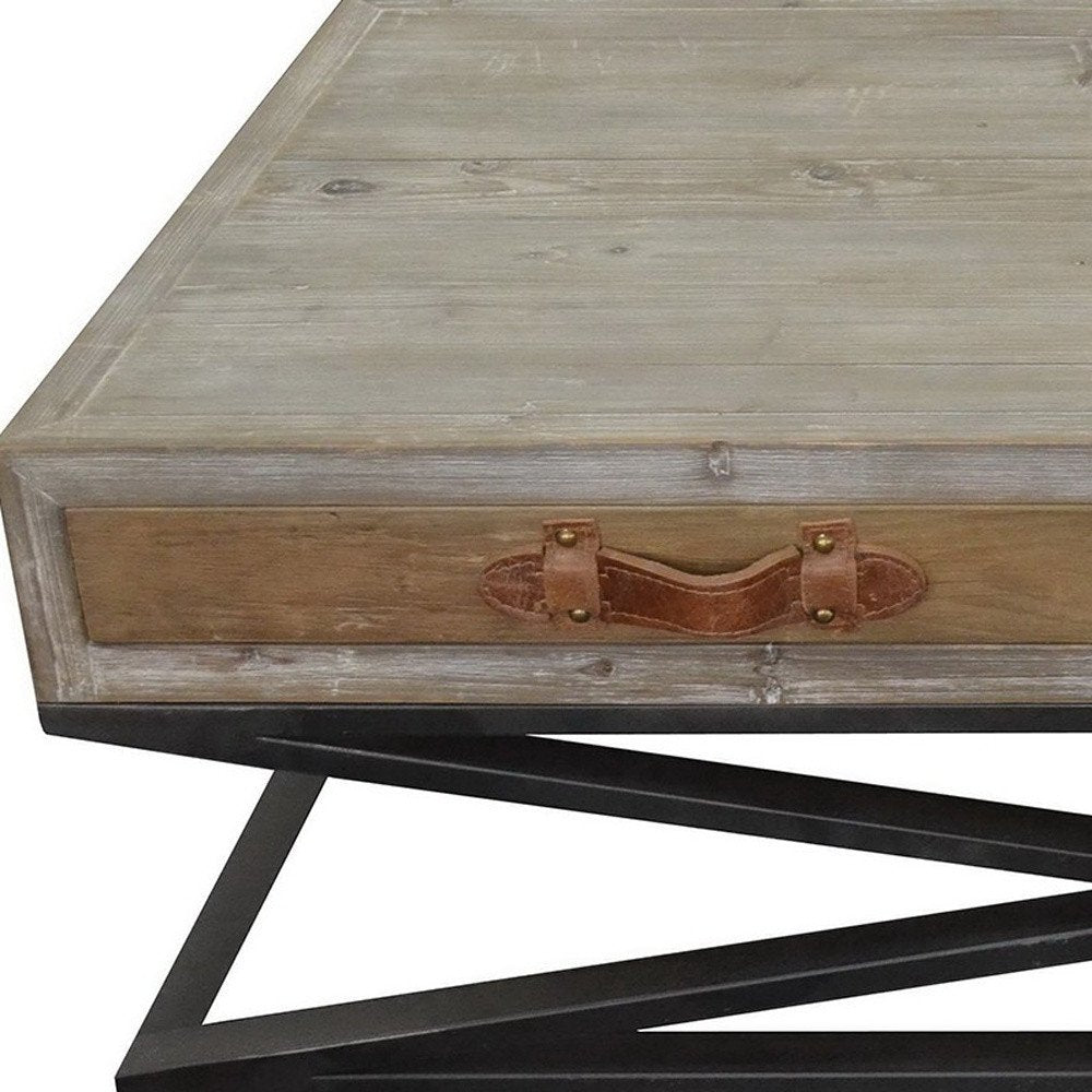 55" Brown and Black Solid Wood and Iron Distressed Frame Coffee Table With Two Drawers HomeRoots