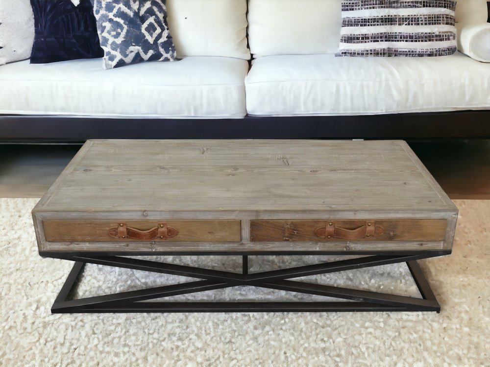 55" Brown and Black Solid Wood and Iron Distressed Frame Coffee Table With Two Drawers HomeRoots