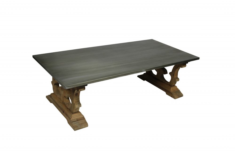 63" Gray and Brown Zinc and Solid Wood Pedestal Coffee Table HomeRoots