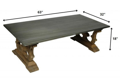 63" Gray and Brown Zinc and Solid Wood Pedestal Coffee Table HomeRoots