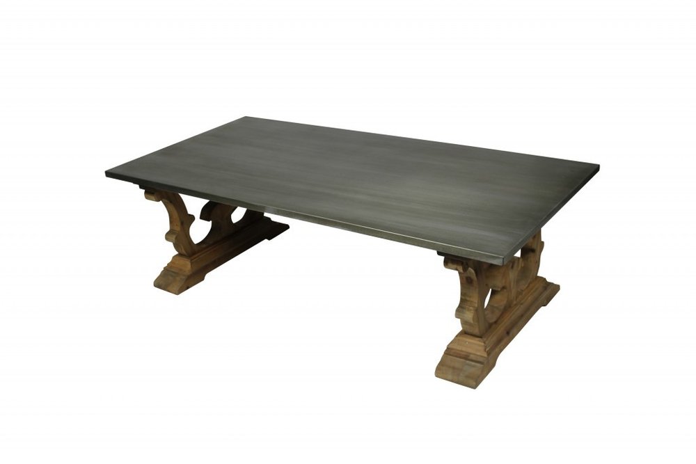 63" Gray and Brown Zinc and Solid Wood Pedestal Coffee Table HomeRoots