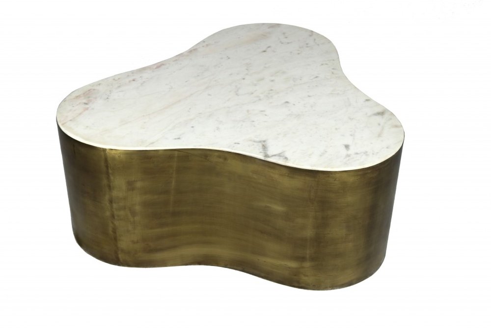 39" White And Brass Genuine Marble And Iron Free Form Solid Coffee Table — view 1