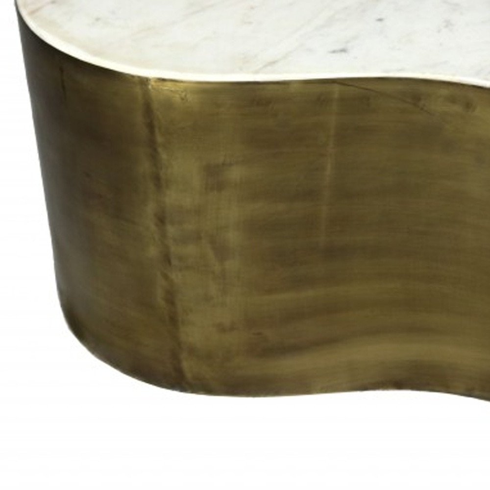 39" White And Brass Genuine Marble And Iron Free Form Solid Coffee Table HomeRoots