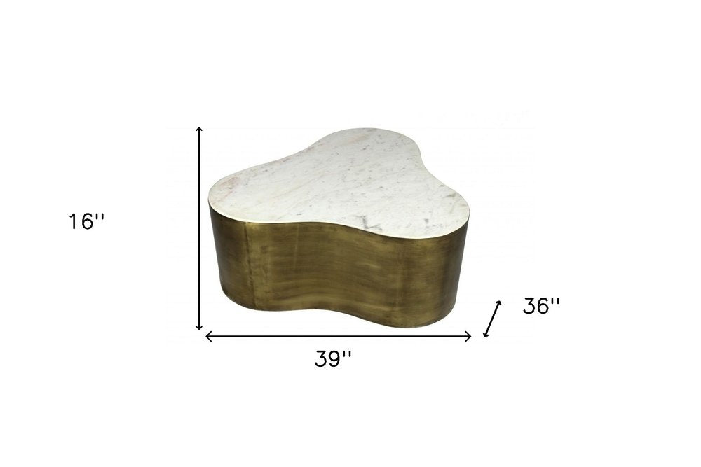 39" White And Brass Genuine Marble And Iron Free Form Solid Coffee Table HomeRoots