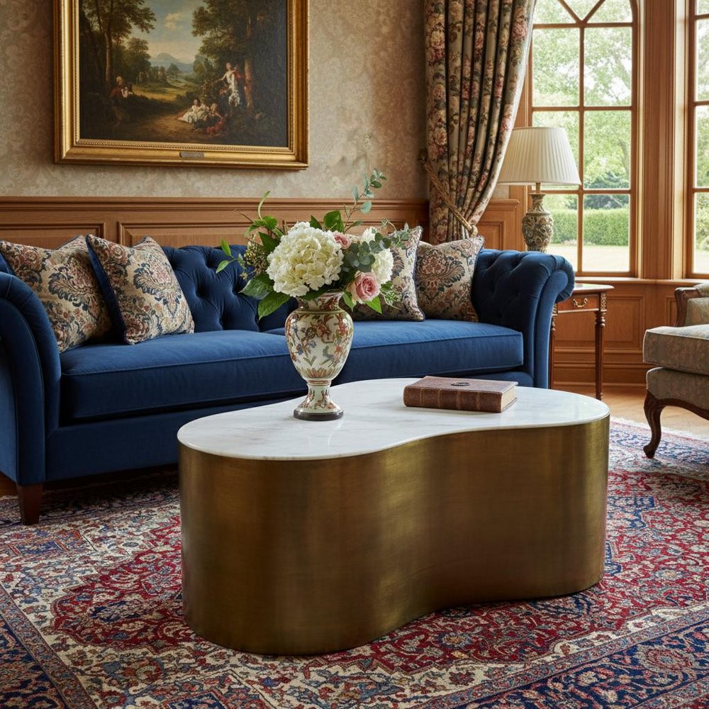 39" White And Brass Genuine Marble And Iron Free Form Solid Coffee Table HomeRoots