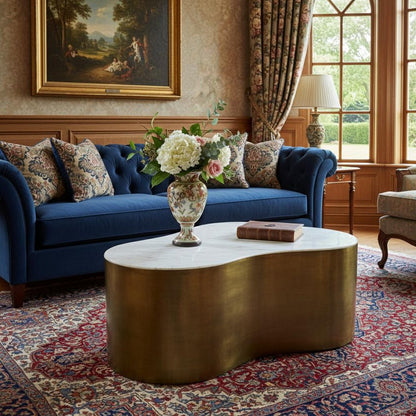 39" White And Brass Genuine Marble And Iron Free Form Solid Coffee Table HomeRoots