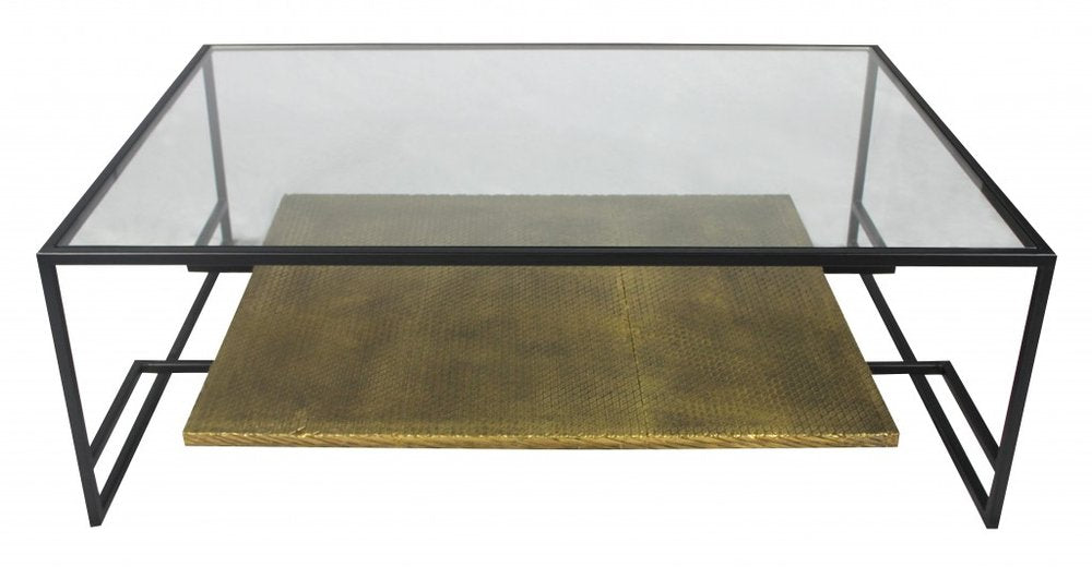 54" Clear and Black Glass and Iron Floor Shelf Coffee Table With Shelf HomeRoots