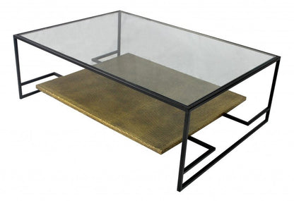 54" Clear and Black Glass and Iron Floor Shelf Coffee Table With Shelf HomeRoots
