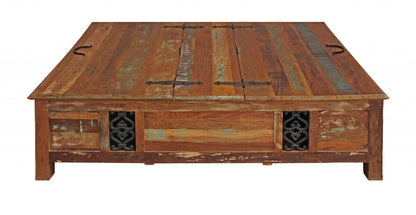 60" Green and Brown Solid Wood Distressed Lift Top Solid Coffee Table HomeRoots