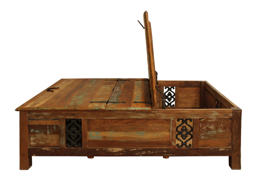 60" Green and Brown Solid Wood Distressed Lift Top Solid Coffee Table HomeRoots