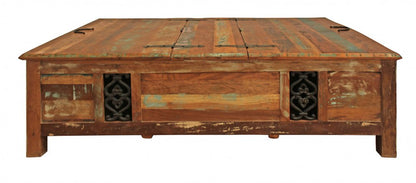 60" Green and Brown Solid Wood Distressed Lift Top Solid Coffee Table HomeRoots