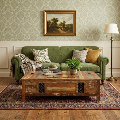 60" Green and Brown Solid Wood Distressed Lift Top Solid Coffee Table HomeRoots