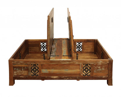 60" Green and Brown Solid Wood Distressed Lift Top Solid Coffee Table HomeRoots