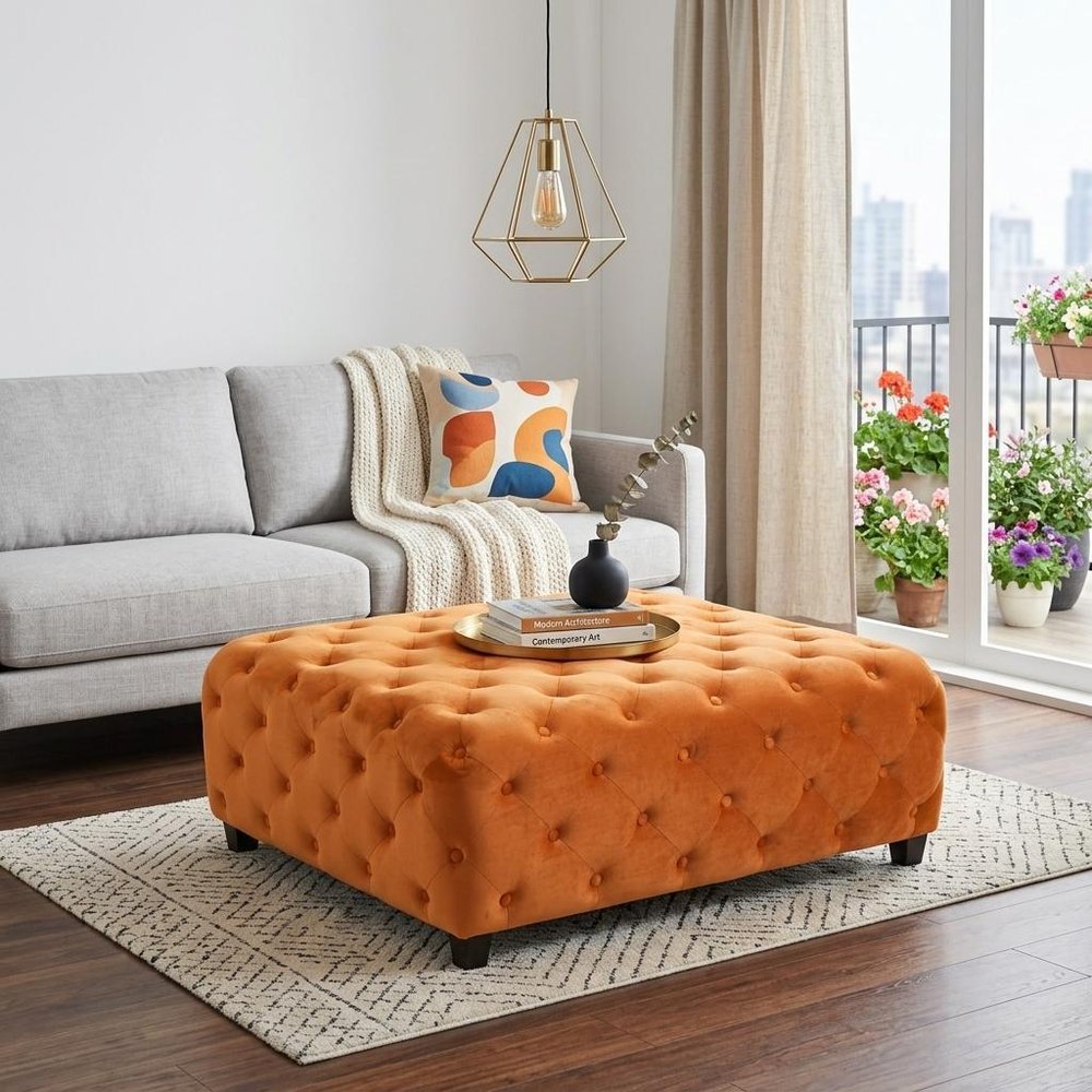 40" Orange and Brown Fabric and Solid Wood Square Coffee Table HomeRoots