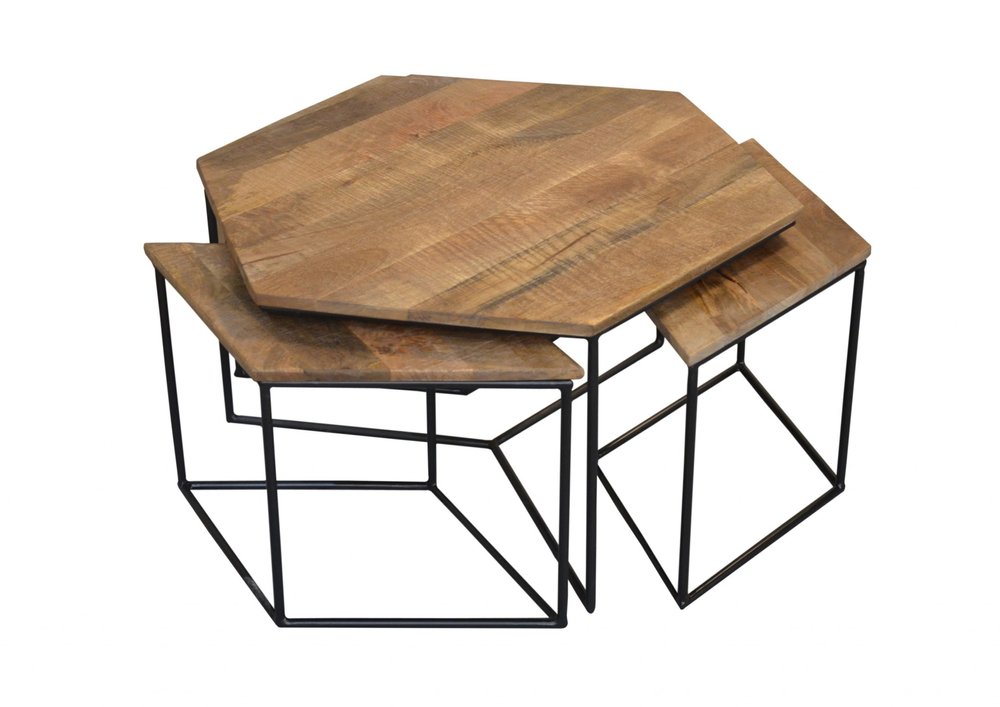 Set of Four Brown and Black Solid Wood and Iron Free Form Distressed Frame Nested Coffee Tables HomeRoots