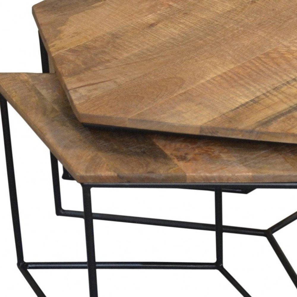 Set of Four Brown and Black Solid Wood and Iron Free Form Distressed Frame Nested Coffee Tables HomeRoots