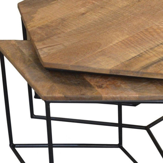 Set of Four Brown and Black Solid Wood and Iron Free Form Distressed Frame Nested Coffee Tables HomeRoots
