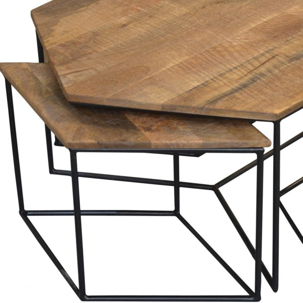 Set of Four Brown and Black Solid Wood and Iron Free Form Distressed Frame Nested Coffee Tables HomeRoots