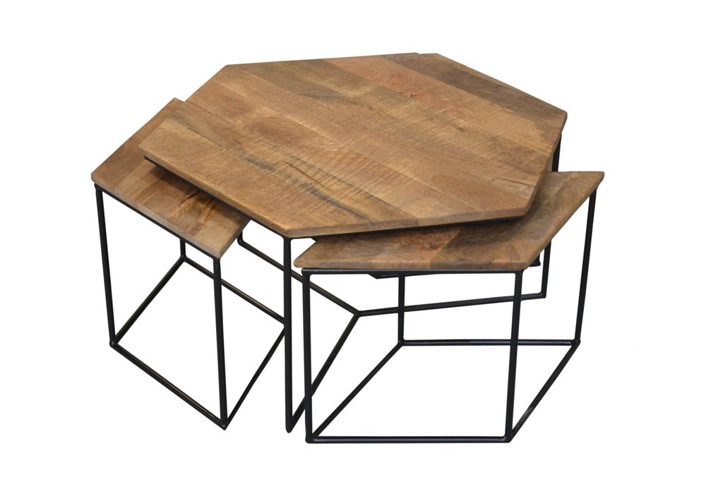 Set of Four Brown and Black Solid Wood and Iron Free Form Distressed Frame Nested Coffee Tables HomeRoots