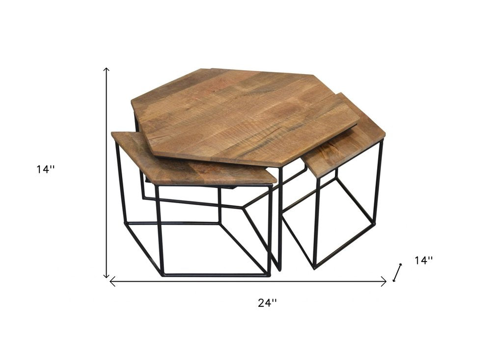 Set of Four Brown and Black Solid Wood and Iron Free Form Distressed Frame Nested Coffee Tables HomeRoots