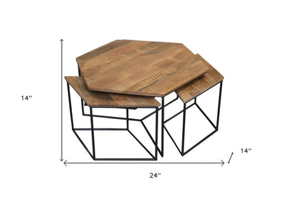 Set of Four Brown and Black Solid Wood and Iron Free Form Distressed Frame Nested Coffee Tables HomeRoots