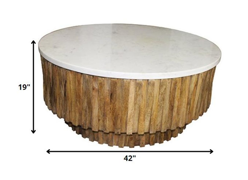 42" Ivory and Natural Genuine Marble and Solid Wood Round Solid Coffee Table HomeRoots