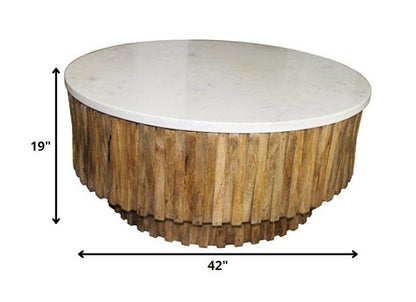 42" Ivory and Natural Genuine Marble and Solid Wood Round Solid Coffee Table HomeRoots