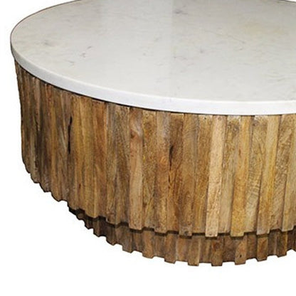 42" Ivory and Natural Genuine Marble and Solid Wood Round Solid Coffee Table HomeRoots