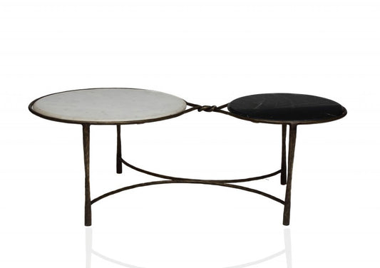 48" Black Ivory and Brass Genuine Marble and Iron Round Frame Coffee Table HomeRoots