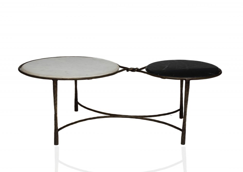 48" Black Ivory and Brass Genuine Marble and Iron Round Frame Coffee Table HomeRoots
