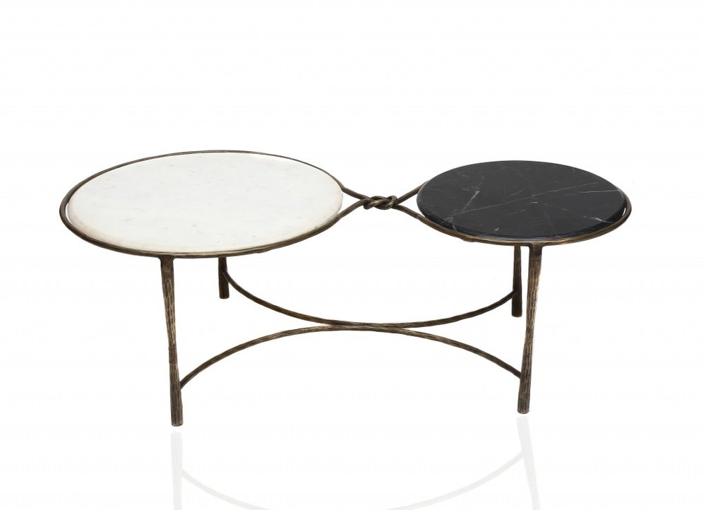48" Black Ivory and Brass Genuine Marble and Iron Round Frame Coffee Table HomeRoots
