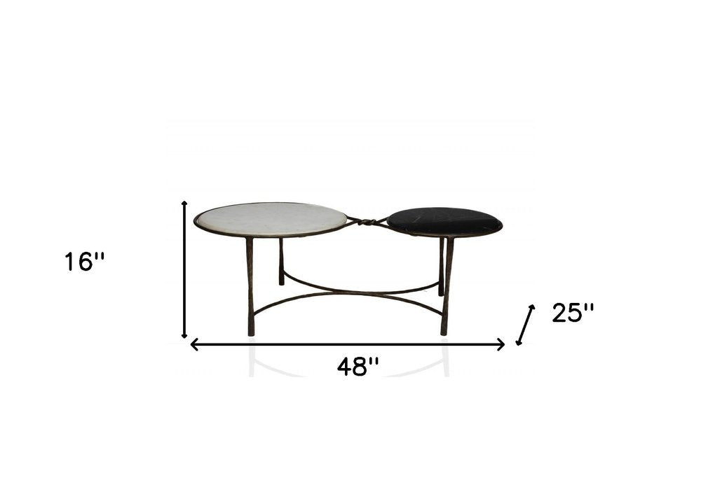 48" Black Ivory and Brass Genuine Marble and Iron Round Frame Coffee Table HomeRoots
