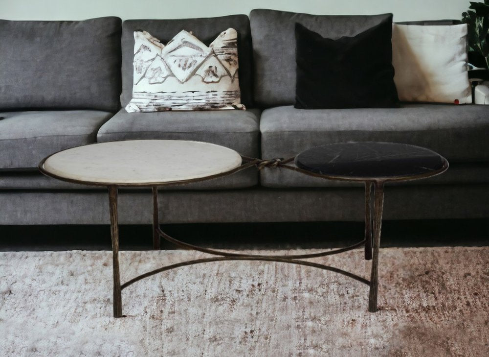 48" Black Ivory and Brass Genuine Marble and Iron Round Frame Coffee Table HomeRoots