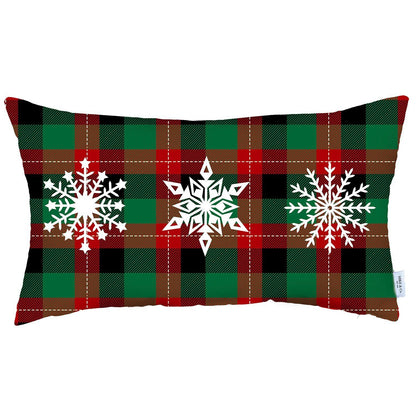 Christmas Snowflake Trio Plaid Lumbar Throw Pillow FurniFindUSA