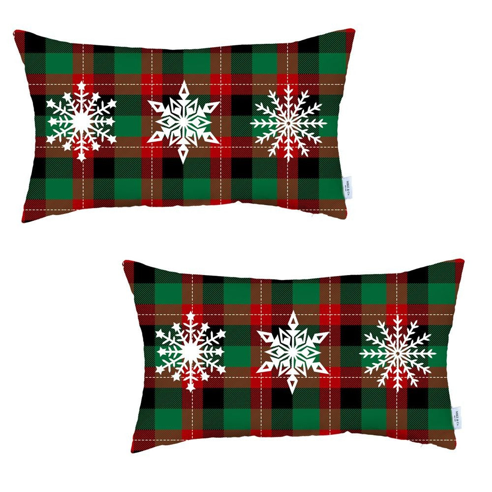 Set of 2 Christmas Snowflake Trio Plaid Lumbar Throw Pillows FurniFindUSA