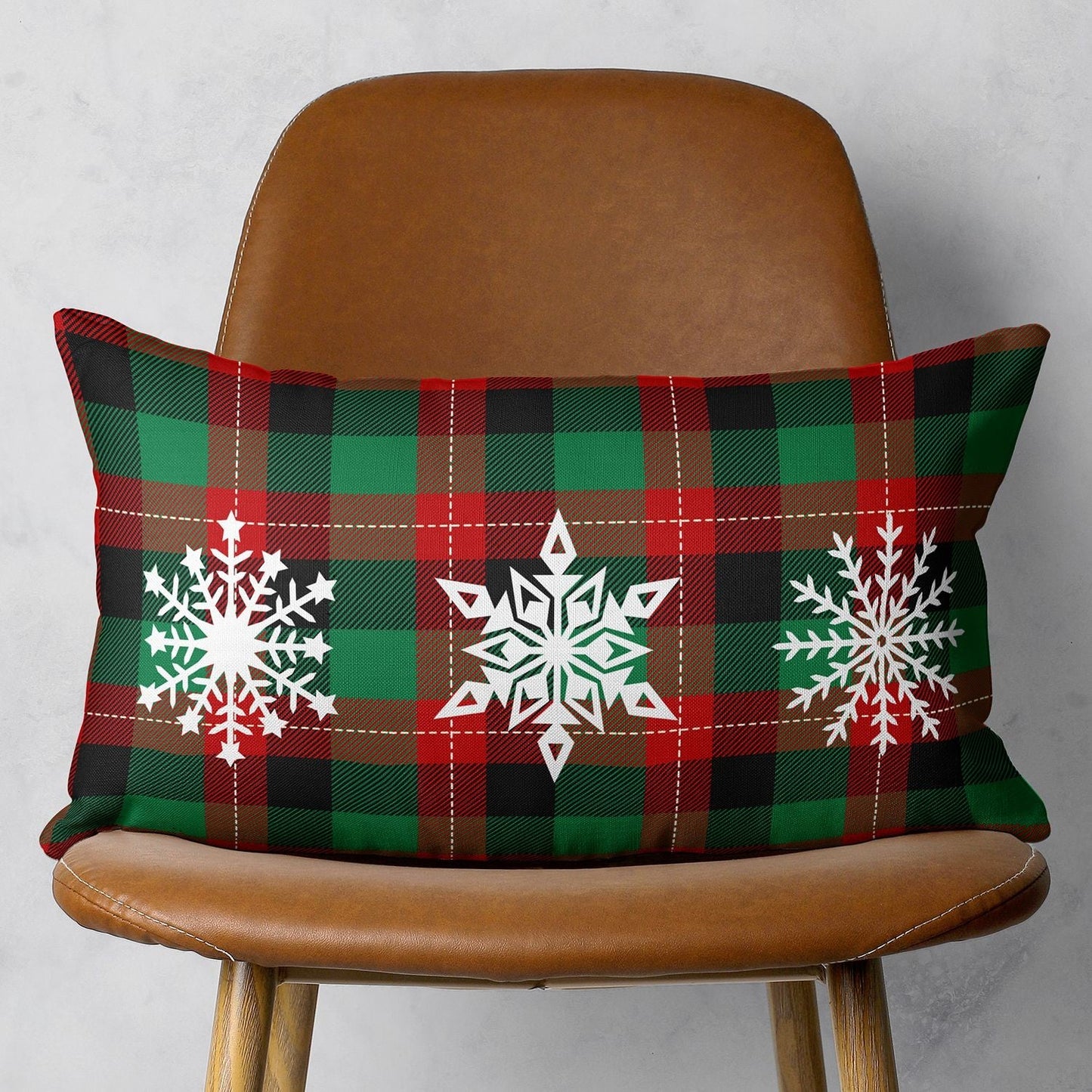 Christmas Snowflake Trio Plaid Lumbar Pillow Cover FurniFindUSA