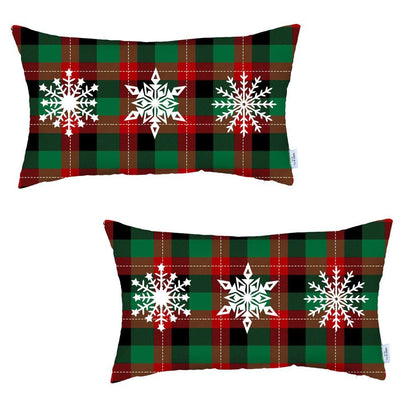 Set of 2 Christmas Snowflake Trio Plaid Lumbar Pillow Covers FurniFindUSA