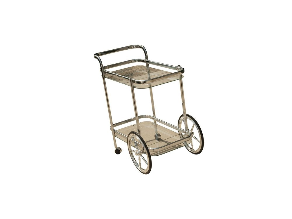 28" Silver Metal And Glass Rolling Trolley Bar Cart HomeRoots