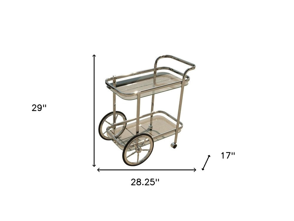 28" Silver Metal And Glass Rolling Trolley Bar Cart HomeRoots