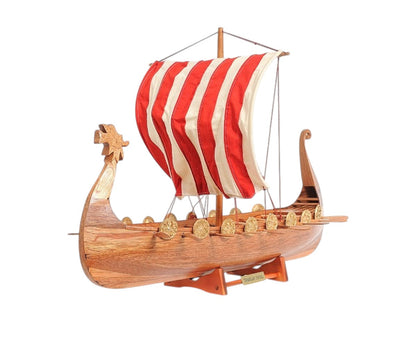 20" Wood Brown Solid Wood Hand Painted Model Boat Tabletop Sculpture