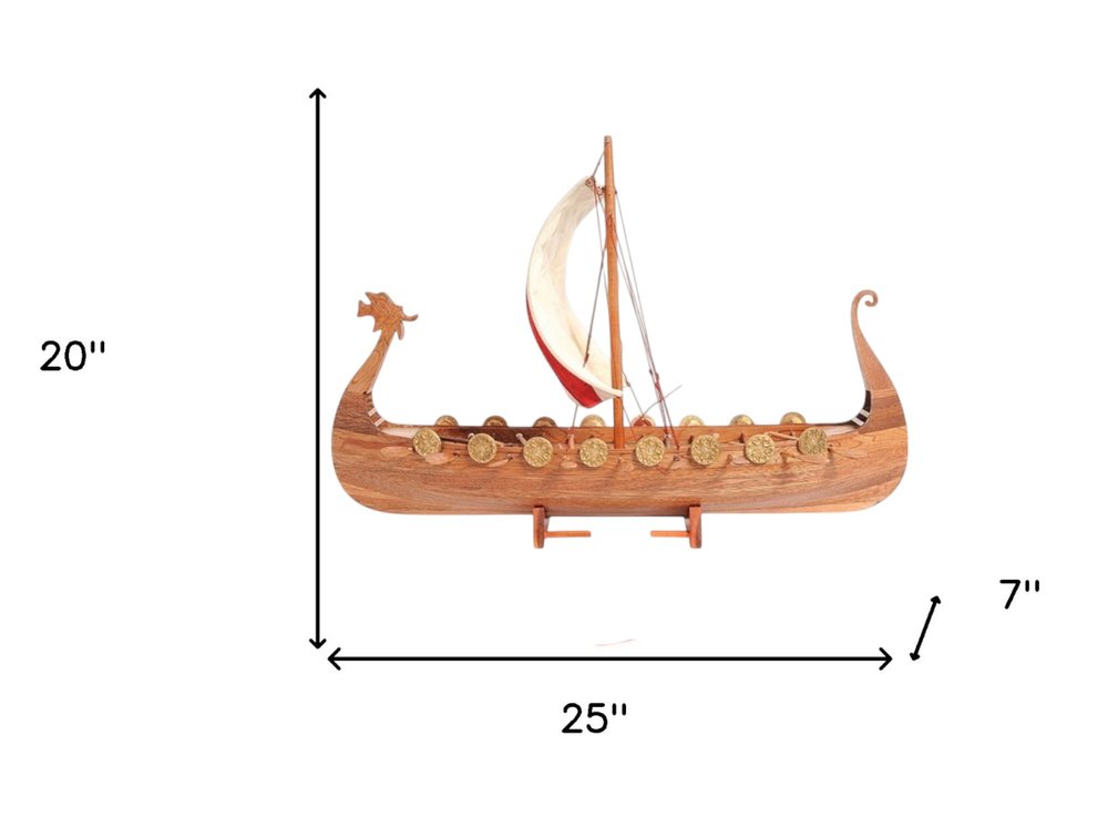20" Wood Brown Solid Wood Hand Painted Model Boat Tabletop Sculpture HomeRoots