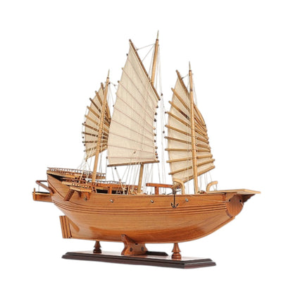 25" Wood Brown Solid Wood Hand Painted Model Boat Tabletop Sculpture