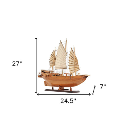 25" Wood Brown Solid Wood Hand Painted Model Boat Tabletop Sculpture HomeRoots