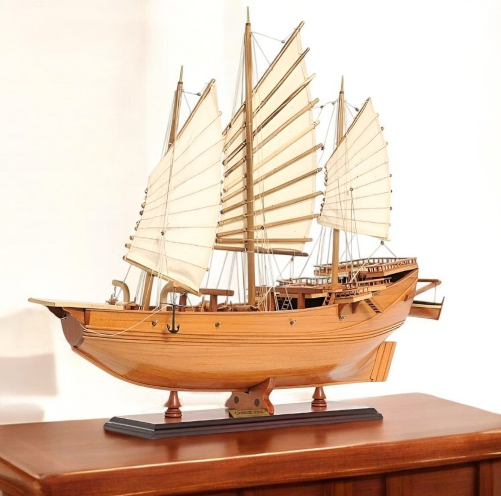 25" Wood Brown Solid Wood Hand Painted Model Boat Tabletop Sculpture HomeRoots