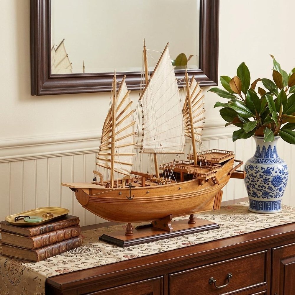 25" Wood Brown Solid Wood Hand Painted Model Boat Tabletop Sculpture HomeRoots