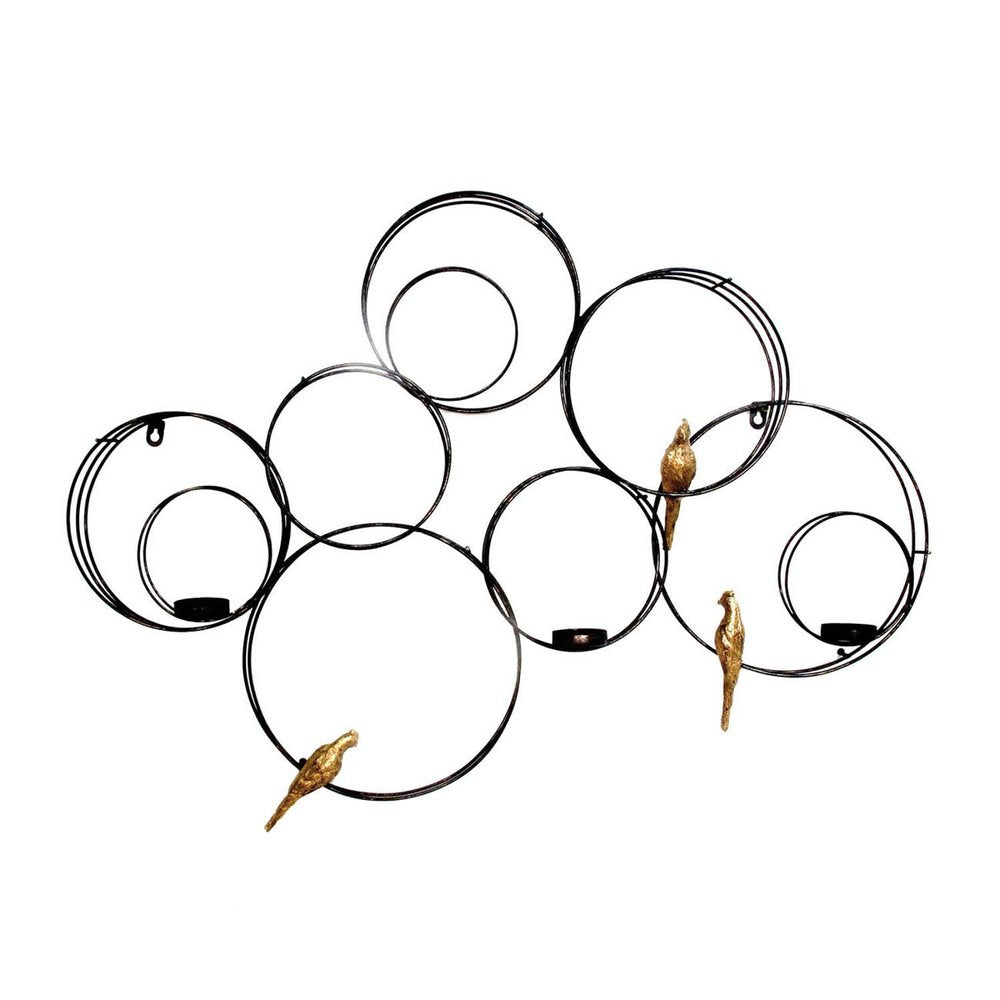 32" Black And Gold Metal Circles And Birds Hanging Sculpture With Votive Holders — view 1